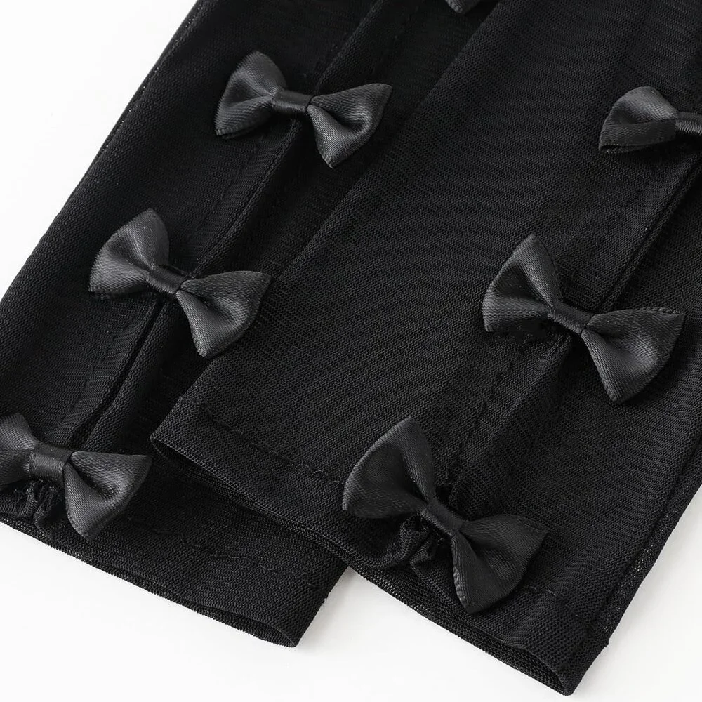 Women's Princess Black Long Sleeves Gloves Bow Lace Mesh Tulle Party Prom